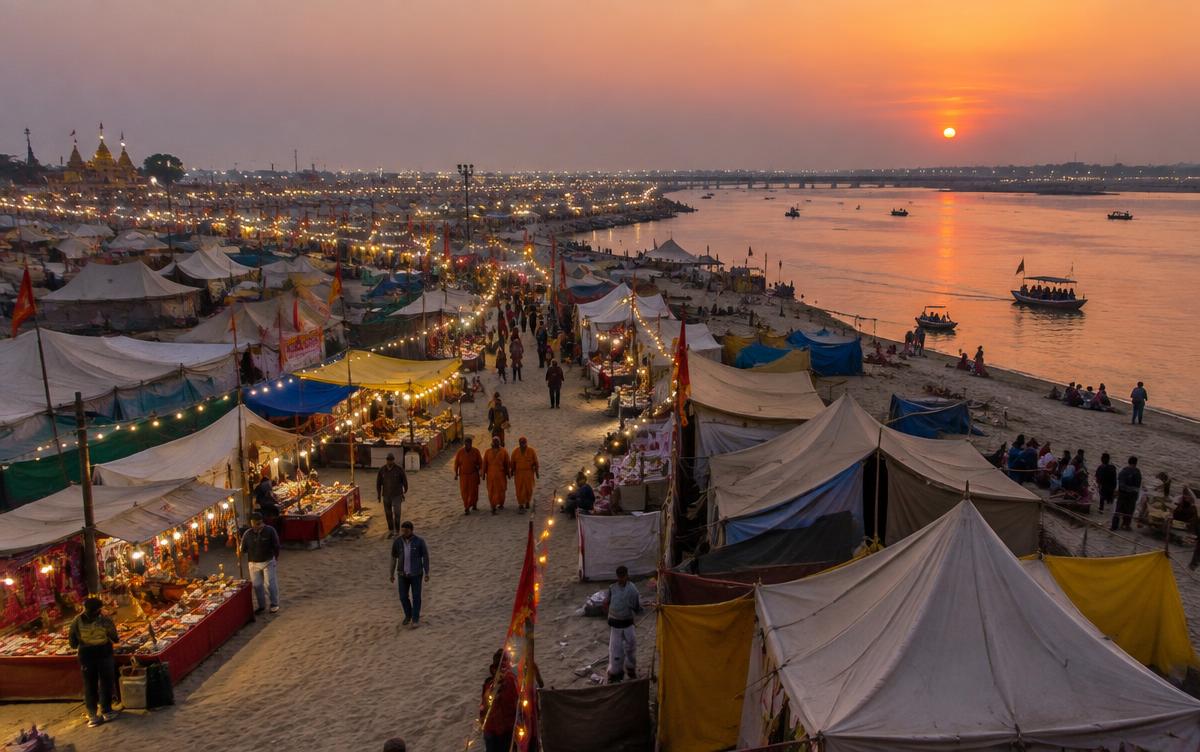 Tents and stalls along the river sandbank during the Mela