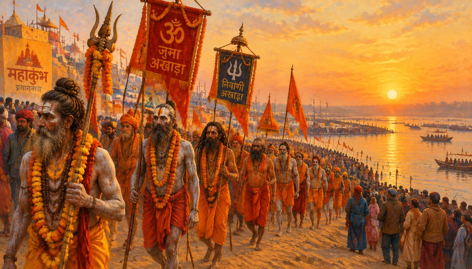 A procession of akhara ascetics walking towards the confluence at sunrise