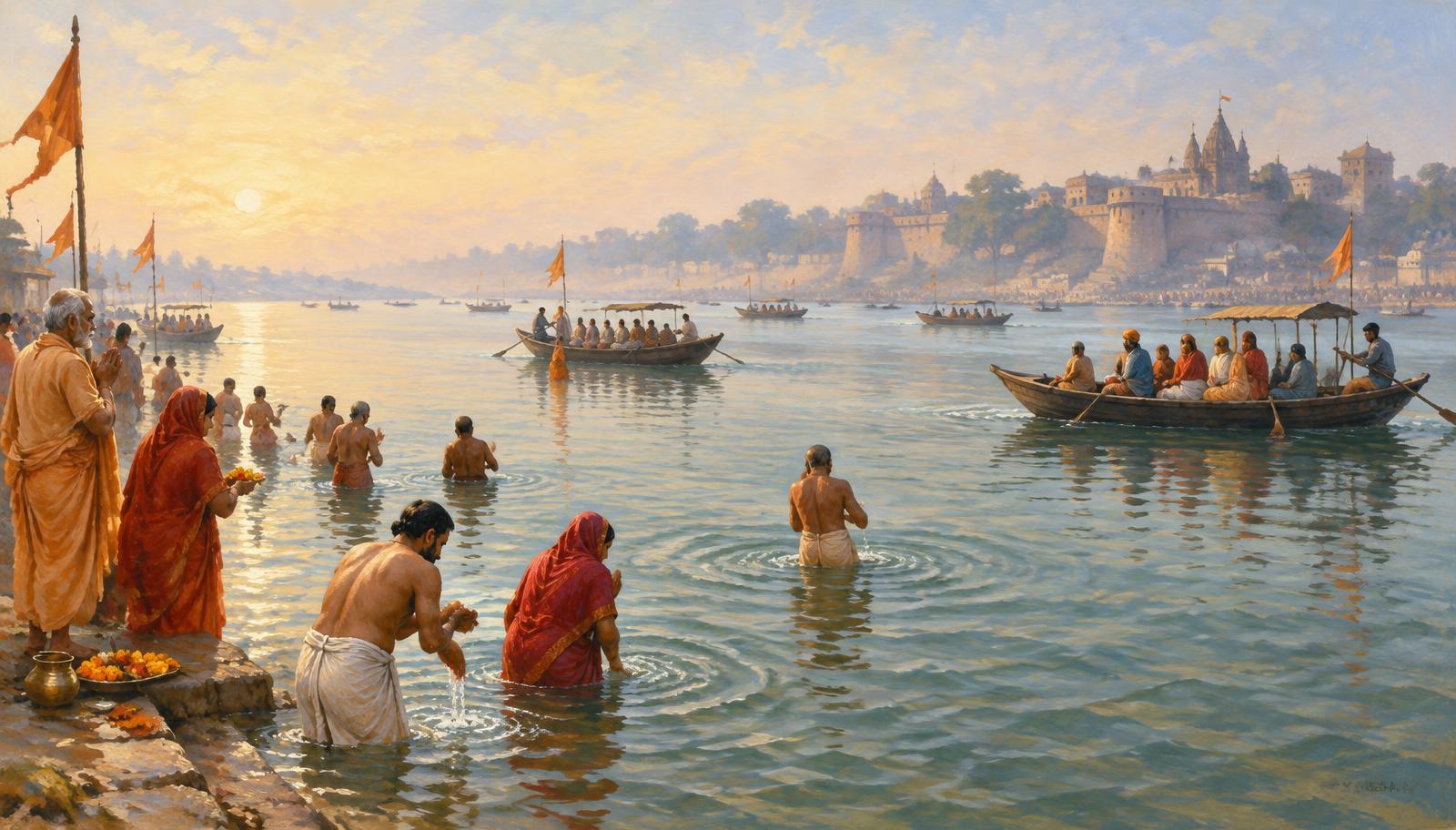 Pilgrims bathing in shallow water at the confluence with boats nearby