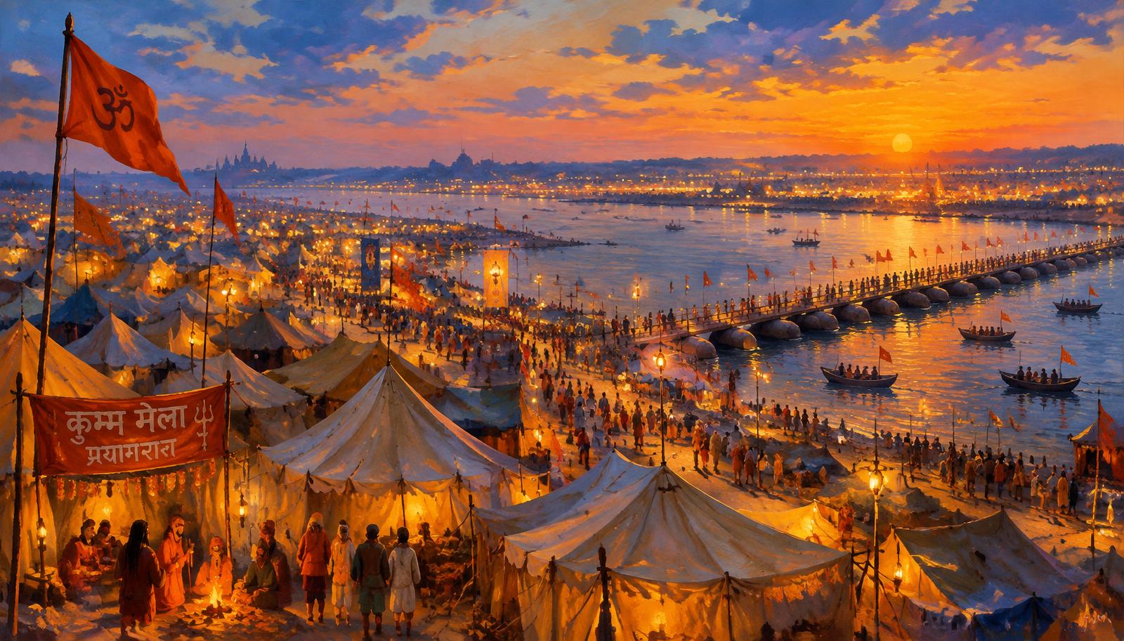 The Mela township of tents and lamps stretching along the river at dusk